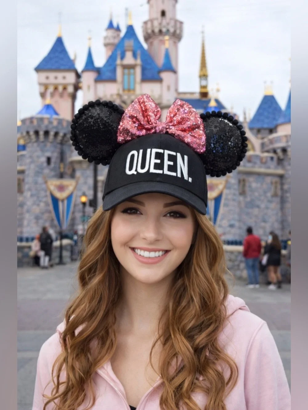 Handcrafted Minnie Baseball Cap with Sequin Minnie Ears and Pink Sequin Bow
